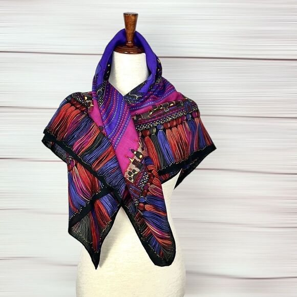 Albert Nipon Wool Square Scarf Purple Multicolor Persian Motifs Excellent 38x38 - Picture 6 of 16